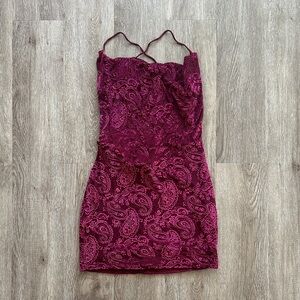 Lucy In The Sky Bodycon Mini Dress Red Paisley Velvet Size Large Strappy Back
